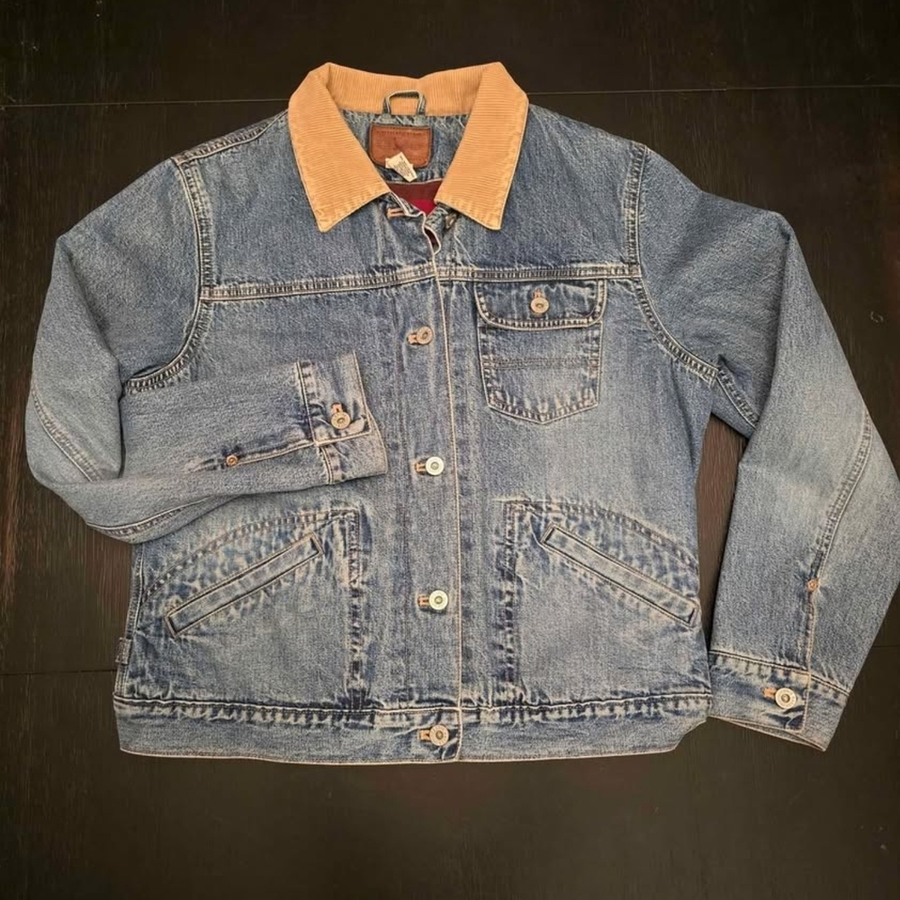 Eddie Bauer Blue Denim Jacket with Tan Collar